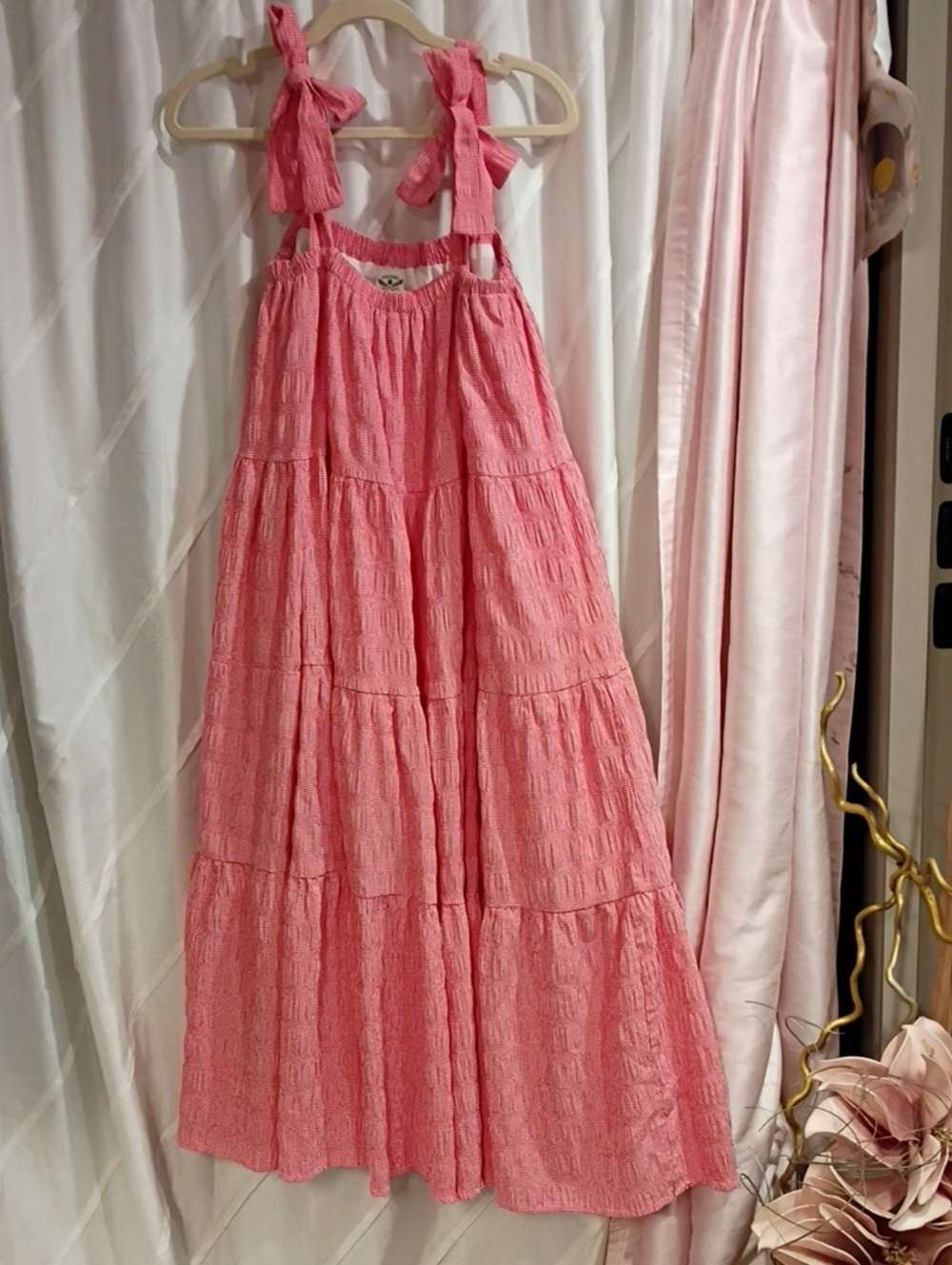 Red Tiered Tie-Strap Sundress. The Oaks 100% Cotton. Oversized